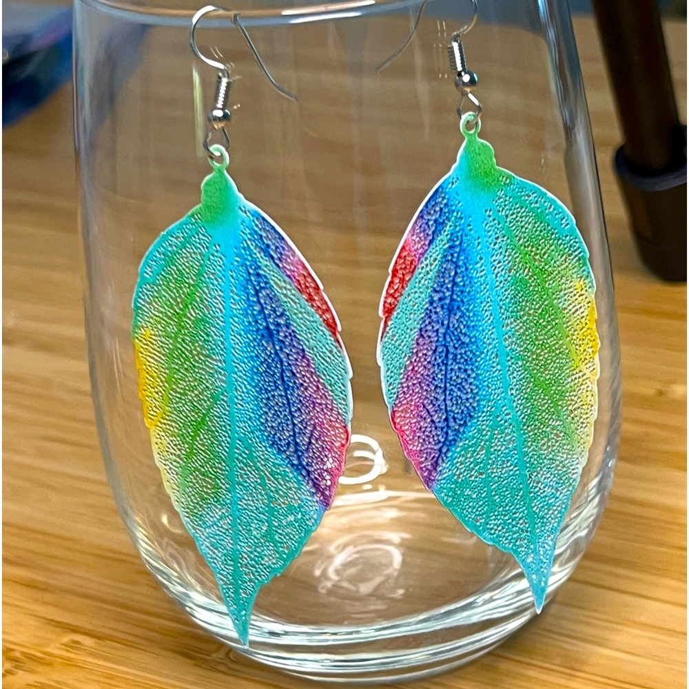 Metal Filigree Leaf Earrings, multi-colored